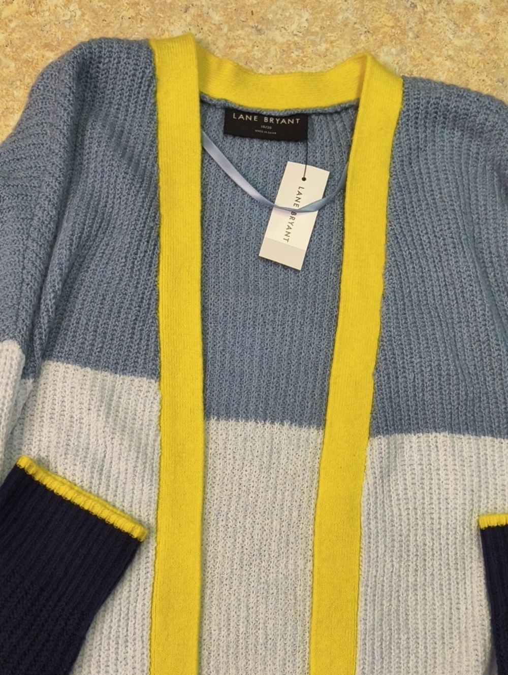 Lane Bryant Blue, Light Blue & Yellow Colorblock Open-Front Cardigan NWT